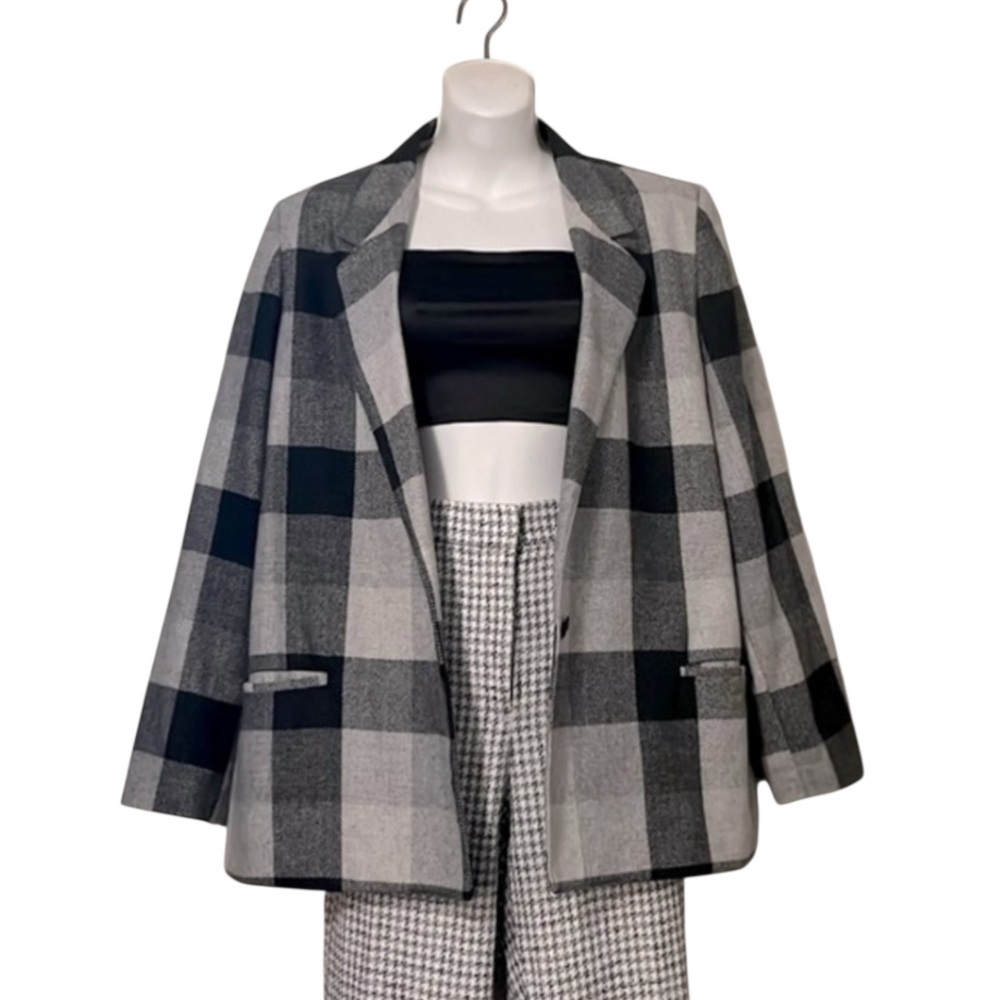 Brian David Canada Women’s Vintage Plaid Gray Black Chevron Boxy Tweed Blazer